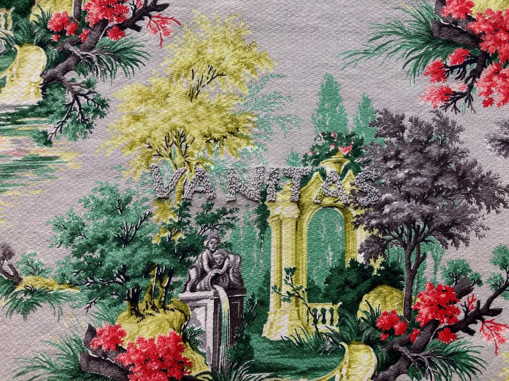 Vanitas 2021 Vintage Barkcloth with embroidered text "VANITAS." 